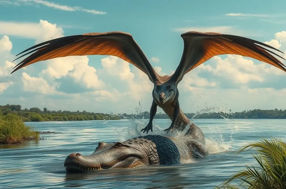 Arte conceitual do novo dinossauro na Argentina com crocodilo